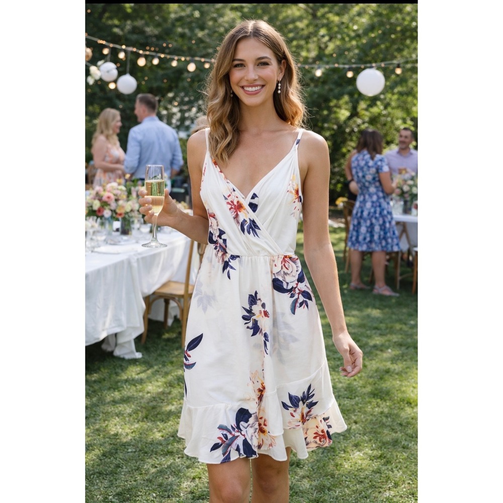 Women's sz M Floral Wrap Front Ruffle‎ Hem Sundress summer boho soft girl beachy